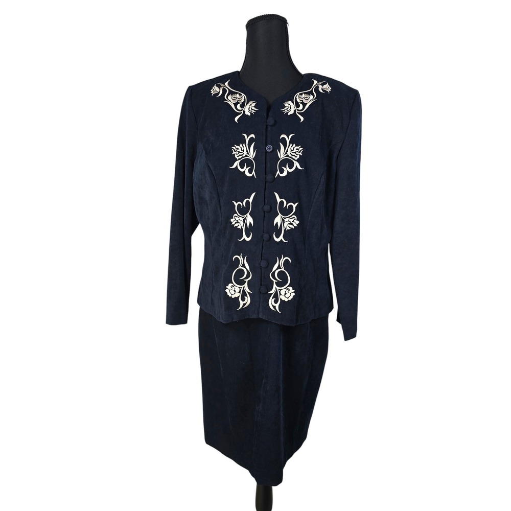 Karin Stevens Petites Navy Blue Embroidered Dress Vintage Size 12P Button Up